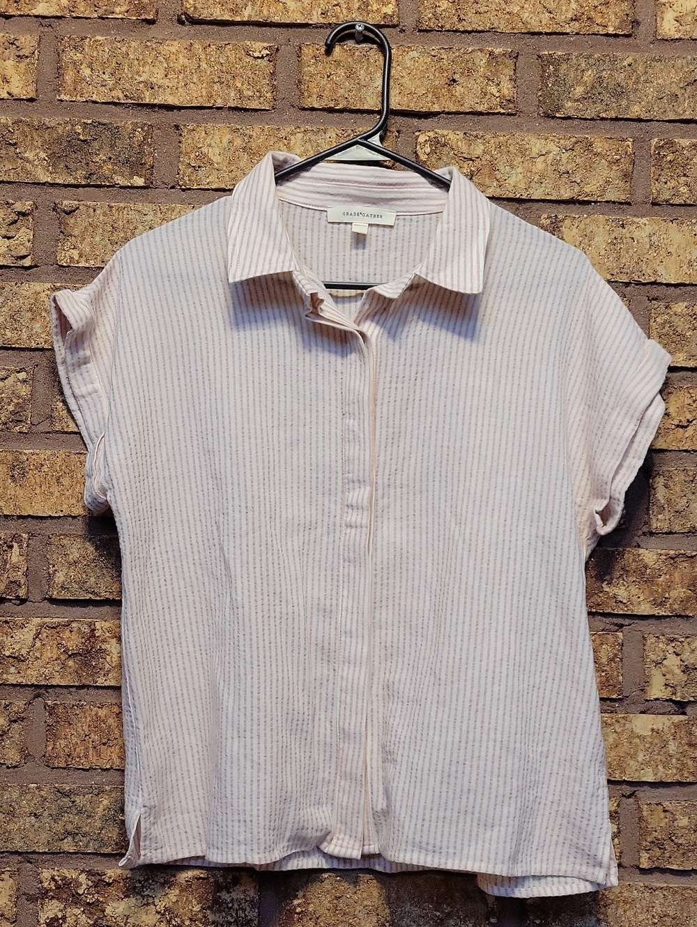 Grade & Gather Cotton Linen Blend Short Sleeve Striped Button Down Size Small
